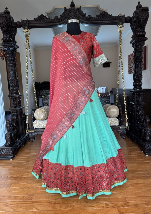 Sage Green Ajrakh Border Chaniya